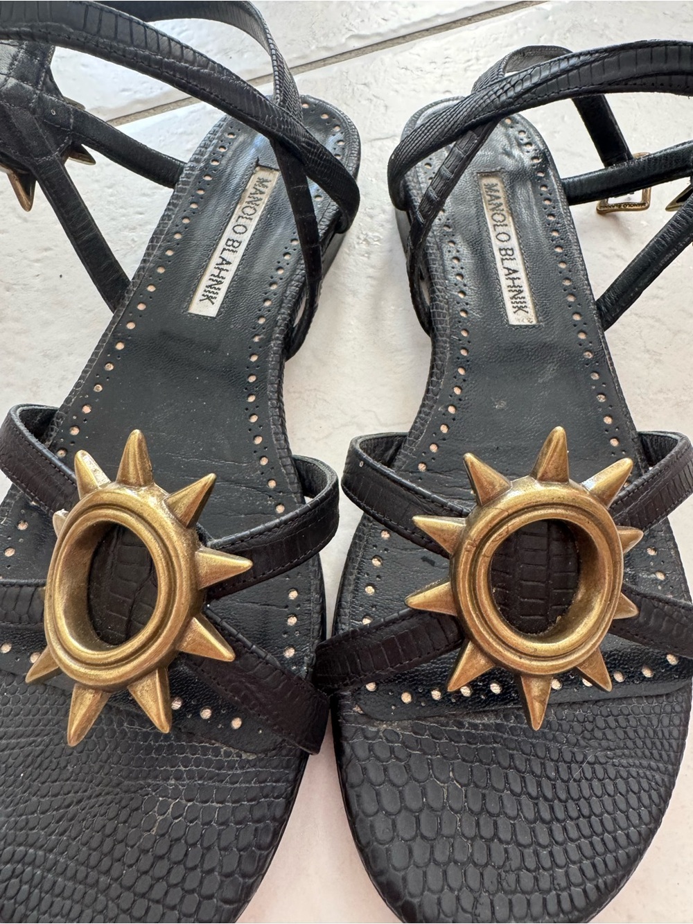 Manolo Blahnik Black Leather Sandals with Gold Sunburst Ornaments